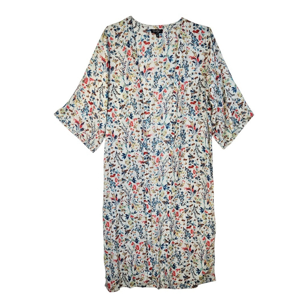 Jessica Simpson Size M Boho Floral Open Front Long Duster Cardigan Kimono